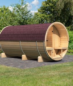 Sauna exterior de barril 4 Karibu con terraza y cámara térmica – 6 a 8 plazas