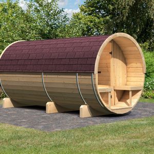 Sauna exterior de barril 4 Karibu con terraza y cámara térmica – 6 a 8 plazas