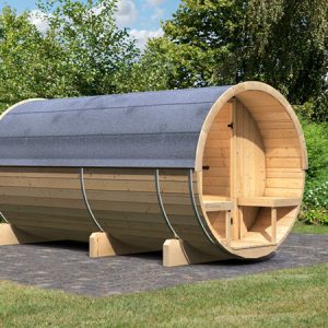 Sauna exterior de barril 4 Karibu con terraza y cámara térmica – 6 a 8 plazas