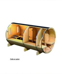 Sauna exterior de barril 4 Karibu con terraza y cámara térmica – 6 a 8 plazas